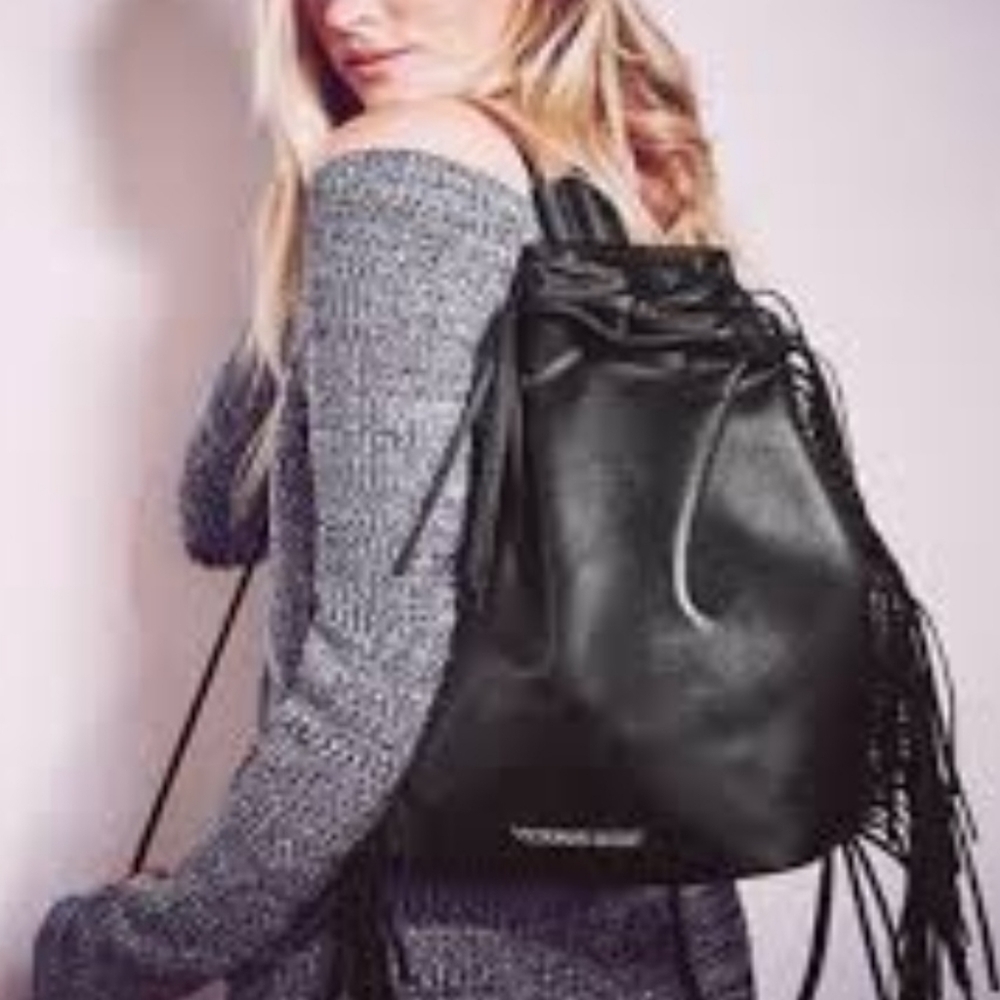 Victoria's Secret VS Black Faux Leather Western Boho Fringe Backpack NWT - Picture 2 of 16